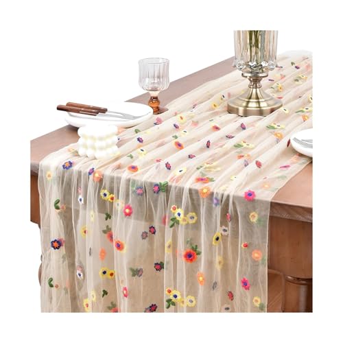 Tischläufer Gaze 2 stücke Stickerei Frühling Sommer Tisch Läufer Blumen Saisonale Ostern Tüll Urlaub Küche Esszimmer Dekoration(Color 6,75X200cm) von XUWEWI