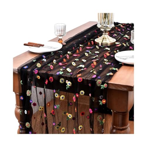 Tischläufer Gaze 2 stücke Stickerei Frühling Sommer Tisch Läufer Blumen Saisonale Ostern Tüll Urlaub Küche Esszimmer Dekoration(Color 7,75X300cm) von XUWEWI