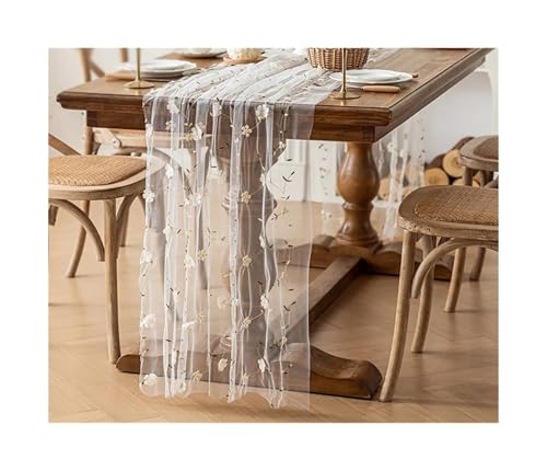 Tischläufer Gaze 2 stücke Stickerei Frühling Sommer Tisch Läufer Blumen Saisonale Ostern Tüll Urlaub Küche Esszimmer Dekoration(Color 8,75X200cm) von XUWEWI