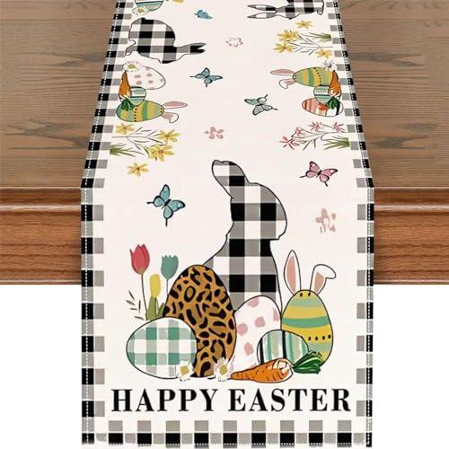 XUXN Oster-Tischläufer, 33 x 183 cm, Hase, Kaninchen, Ei, Karotten, Tischläufer Ostern, saisonale Frühlingsküche, Esstischdekoration und Zubehör für Zuhause, Party, Dekoration, Kaninchen 1, von XUXN