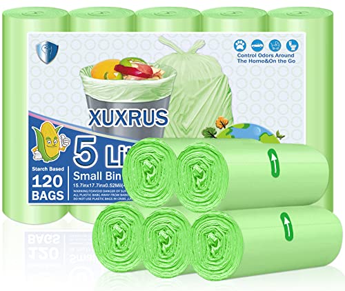 XUXRUS 5L Müllbeutel, Kleine Abfallbeutel 120 Stück Reißfest Müllsäcke für Bad, Küchen, Wohnzimmer,Badezimmer (5 Rollen,Grün) von XUXRUS