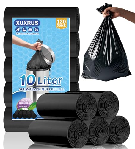 XUXRUS Schwarze Müllbeutel 10Liter Reißfest Mülltüten Kleine Müllsäcke Blickdicht Abfallbeutel für Bad(120 Stück) von XUXRUS