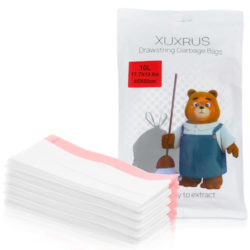 XUXRUS Kleine Müllbeutel mit Zugband 10L Müllsäcke für 5-8 Liter Mülleimer Weiß Mülltüten Reißfest 60 Stück Abfallbeutel für Küche Bad von XUXRUS