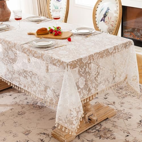 Rechteckige, Dekorative Tischdecke Mit Bestickter Spitze Und Blumenmuster Und Quasten,Tischschutz,Waschbar Und Wiederverwendbar For Hochzeit,Couchtisch,Garten,Esstisch(Roses,55.1x102.4in) von XUZAOJUN