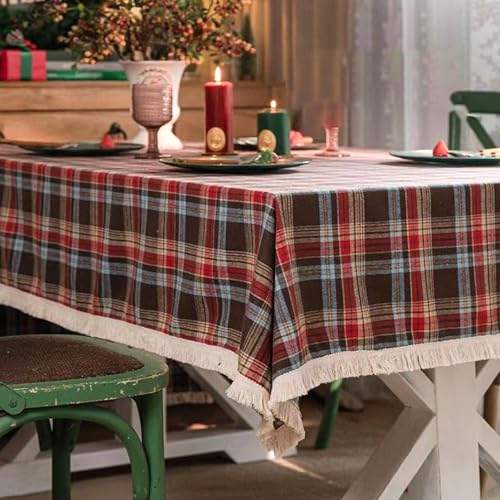 Rechteckige Rot-grün Karierte Tischdecke,Weihnachtlich Karierte Dekorative Tischdecke Mit Quaste For Partys,Waschbar Und Wiederverwendbar For Esstisch,Outdoor,Bankett(Curry Red,55.1x102.4in) von XUZAOJUN
