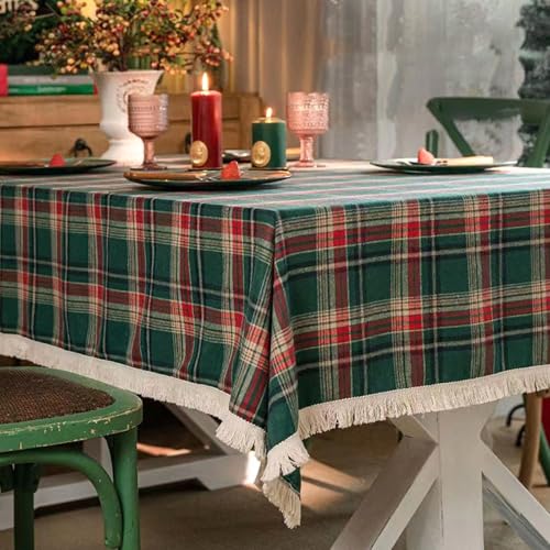 Rechteckige Rot-grün Karierte Tischdecke,Weihnachtlich Karierte Dekorative Tischdecke Mit Quaste For Partys,Waschbar Und Wiederverwendbar For Esstisch,Outdoor,Bankett(Greenish red,55.1x102.4in) von XUZAOJUN