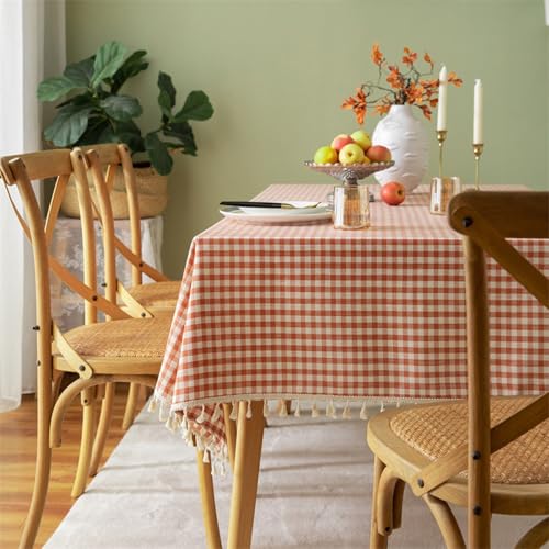 Rechteckiger Baumwoll-Leinenstoff,Kleine,Frisch Karierte Tischdecke,Couchtischdecke Mit Quaste,Waschbar,Wiederverwendbar,Geeignet Küche,Esszimmer,Garten(Orange,55.1x86.6in) von XUZAOJUN