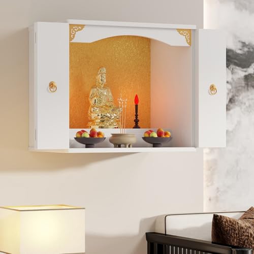 Wandmontierter Buddha-Statuenständer Mit Altartisch, Holzschrein Mit Klapptüren, Wandmontierter Gebets- Und Meditationsaltar, Opfertisch For Den Hausschrein(White) von XUZAOJUN