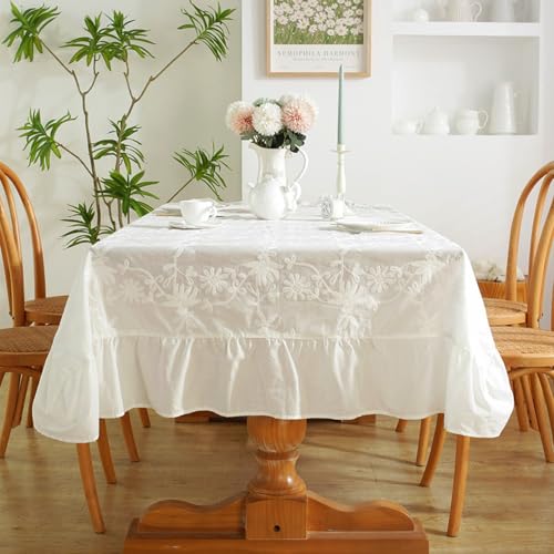 Wiederverwendbare Tischdecke Aus Bestickter Baumwolle In Seladon-Optik,Wasser- Und Ölbeständig,Rock Mit Gerüschtem Holzrand,For Garten,Bankett,Couchtisch(White,55.1x86.6in) von XUZAOJUN