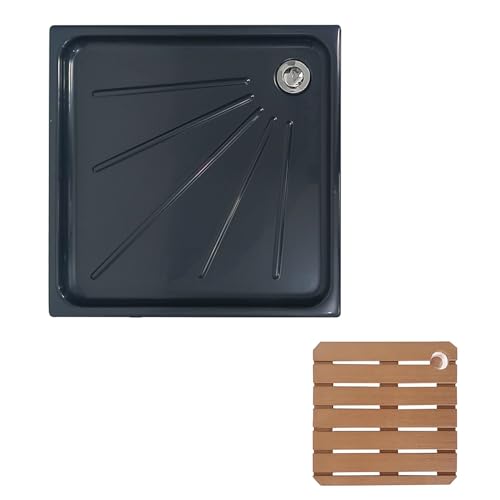 Wohnmobil-Duschwanne 24 X 24 Zoll, Temporäre Dusche, Quadratische Acryl-Duschwanne Mit Pop-up-Abfluss Und Rutschfester Matte, Camping-Duschwanne, Duschboden, Außenduschwanne(Gray+Teak) von XUZAOJUN