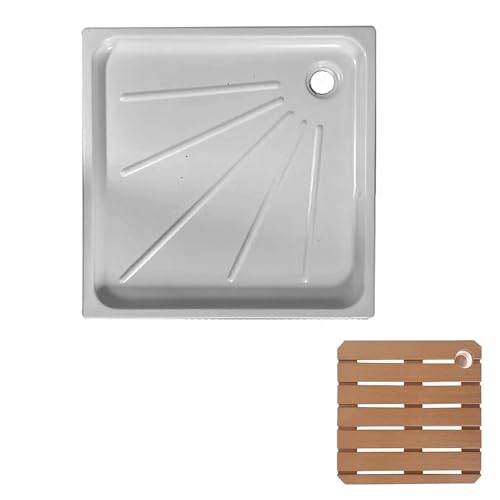 Wohnmobil-Duschwanne 24 X 24 Zoll, Temporäre Dusche, Quadratische Acryl-Duschwanne Mit Pop-up-Abfluss Und Rutschfester Matte, Camping-Duschwanne, Duschboden, Außenduschwanne(White+Teak) von XUZAOJUN