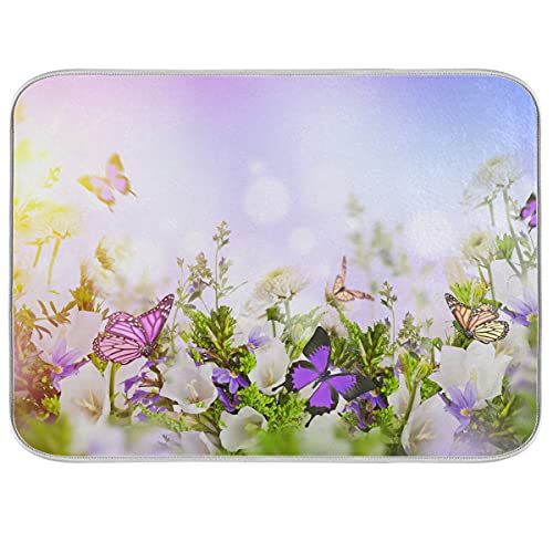 Geschirr Trocknen Matten Reversible Dish Drying Mat Butterflies And Flowers Ultra Absorbent Drying Mat, Extra Large Dish Mat for Kitchen Counter 16 x 18 Inch von XVBCDFG