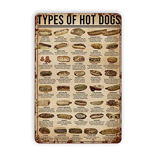 Hot Dogs Metall-Blechschilder Types of Hot Dogs Wissen Metallschild Retro Home Badezimmer Poster Lustige Garage Straße Schild für Familie Cafe Bar Bauernhof Landkunst Wanddekoration 20,3 x 30,5 cm von XVBCDFG