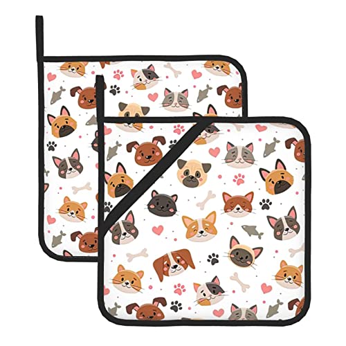 Niedliche Topflappen mit Katzen- und Hundemotiv, hitzebeständig, für die Küche, Ofenhandschuhe mit Schlaufen zum Aufhängen, Ofen-Heißpads zum Grillen, Kochen, Backen, 2er-Set von XVBCDFG