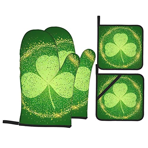 St. Patricks Day Kleeblatt-Ofenhandschuhe und Topflappen, 4er-Set, hitzebeständige Ofenhandschuhe, Handschuhe, Topflappen mit Rutschfester Oberfläche zum Kochen und Backen von XVBCDFG