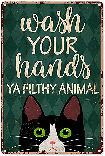 XVBCDFG Tier-Badezimmer-Wanddekoration lustige Katze Wash Your Hands Ya Filthy Animal Blechschild Dekoration Vintage Chic Metall Poster Wanddekoration Kunst Geschenk für Kinder Bauernhaus Regale 40,6 von XVBCDFG