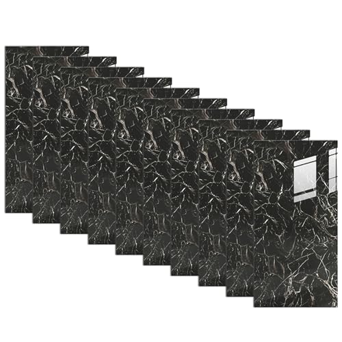 10pcs Peel- und Stickwandpaneele 12x24 Zoll wasserdichtes Marmortextur Duschwandpaneele Selbstklebender PVC-Fliesenaufkleber für Küchenbad, Schwarz von XVHOAB