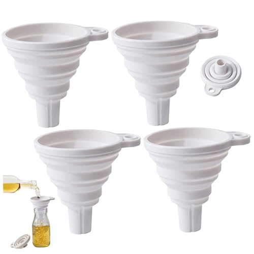 4 PCs zusammenklappbarer Trichter Lebensmittelqualität weiche flexible faltbare Silikon Trichter zum Kochen mit Hängenden Loch kleine Küche zum Füllen von Flaschen, Flüssigkeitstransfer (weiß) zusamm von XVHOAB