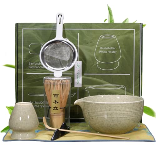 Matcha Whisk Set 7PCS/Set Keramik Matcha Tee Perfect Kit Tee -Herstellung Werkzeuge Beinhaltet Schneebesen, Löffel, Halter, Schüssel, Sifter, Stoff, Löffelhalter von XVHOAB