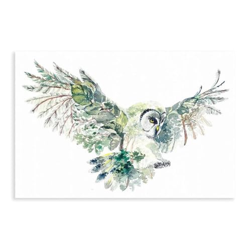 XVHOGAS Aquarellgemälde eines grünen Blattes Eule, Leinwandposter, Schlafzimmer, Dekoration, Landschaft, Büro, Raumdekoration, Geschenk, 50 x 75 cm von XVHOGAS