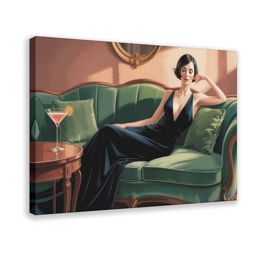 XVHOGAS Leinwandposter, Motiv: Eine elegante Frau auf einem schönen Vintage-Sofa, Wandkunst, Dekordruck, Gemälde für Wohnzimmer, Schlafzimmer, Dekoration, 60 x 90 cm von XVHOGAS