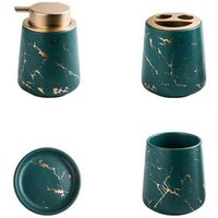 Marmoriertes Badezimmer-Accessoire-Set aus Keramik, 4 Stück: Seifenspender, Zahnbürstenhalter, Zahnputzbecher und Seifenschale (Dunkelgrün) von XVX
