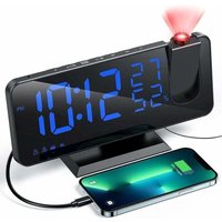 Projektor-Wecker mit Radio, Digitaluhr, USB-Radiowecker mit Dual-Alarm und 7 LED-Spiegelbildschirm (blaues Wort) von XVX