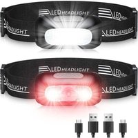 XVX - Stirnlampe, [2er-Pack] Ultra leistungsstarke wiederaufladbare LED-Stirnlampe mit 5 Modi, weißes und rotes Licht & IPX4 wasserdicht, 60° von XVX
