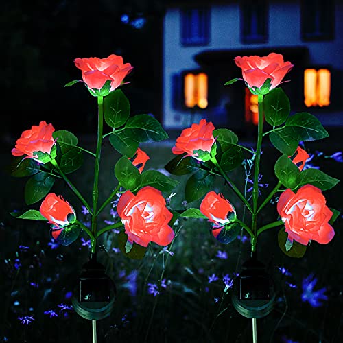 Solarlampen für Außen Garten Deko, [2 Stück] XVZ Wasserdicht Solarleuchten für Außen Deko, mit 5 LED Rose Lichter, Dekoration für Garten, Rasen, Terrasse, Feld, Weg(rot) von XVZ