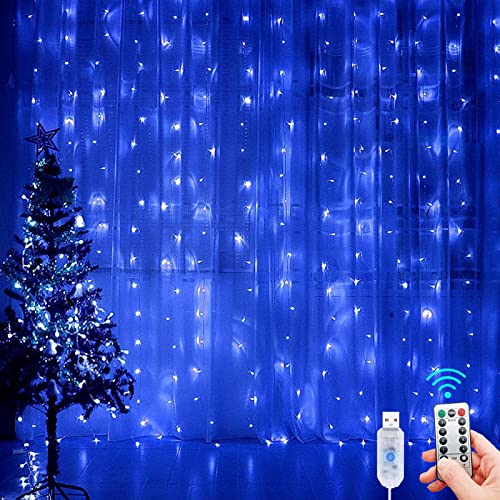 LED Lichterketten Lichtervorhang, XVZ 3m x 3m USB Lichtervorhang Innen, 8 Modi mit Fernbedienung Timer für Schlafzimmer, Wand, Vorhang, Weihnachten, Partydekoration(Blau) von XVZ