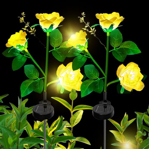 XVZ Solarleuchten Garten Dekoration, 2 Stück Außen Garten LED Rose Lampe mit größerer Blume und Breiterem Wasserdichte Solarpanel, Dekoration Gartenleuchte für Garten, Zäune, Wege, Terrassen(Gelb) von XVZ