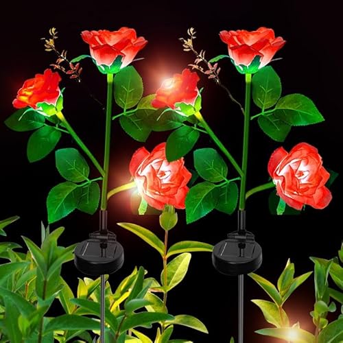 XVZ Solarleuchten Garten Dekoration, 2 Stück Außen Garten LED Rose Lampe mit größerer Blume und Breiterem Wasserdichte Solarpanel, Dekoration Gartenleuchte für Garten, Zäune, Wege, Terrassen(Rot) von XVZ