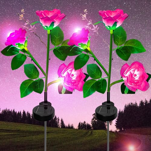 XVZ Solarleuchten Garten Deko, 2 Stück Außen Garten LED Rose Lampe mit größerer Blume und Breiterem Wasserdichte Solarpanel, Dekoration Gartenleuchte für Garten, Zäune, Wege, Terrassen(Rosa) von XVZ