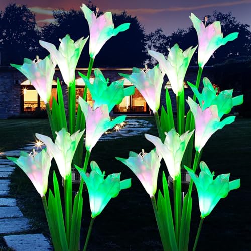 XVZ Solarleuchten für Außen, 4 Stück, LED-Solar-Lilien-Blumen mit 7 Farbwechseln, LED-Solarleuchten für Garten, Terrasse, Hof, Weg, Party, Hochzeit, Zaun - Weiß von XVZ