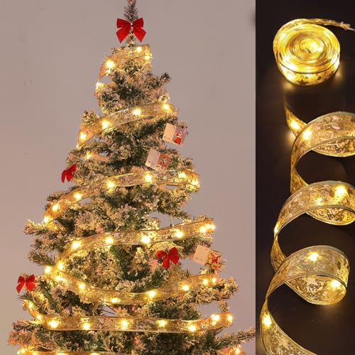 XVZ Weihnachtsband Lichterkette, 10m 100 LED Kupfer Lichterkette 2 Modi Batteriebetrieben, Silbernes Sternmond Schleifenband mit Warmweißem Licht für Weihnachten, Festliche Deko von XVZ