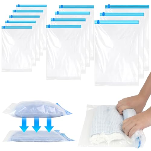 12 Stück Vakuumbeutel für Kleidung Reise in 3 Größen, Vakuumbeutel Reise zum Rollen, Keine Vakuumpumpe Erforderlich, Reisezubehör Urlaubsgadet(5 * 35x50 cm / 4 * 40x60 cm / 3 * 50x70 cm) von XWCHASA
