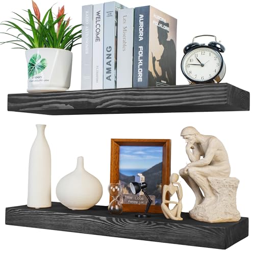XWNE Rustikale schwebende Regale, 61 cm lang, 20,3 cm tief, 2 Stück, Massivholz-Wandregale für Schlafzimmer, Wohnzimmer, Küche, Bücherregal für Wand, Wandregal mit versteckter Halterung, Schwarz von XWNE