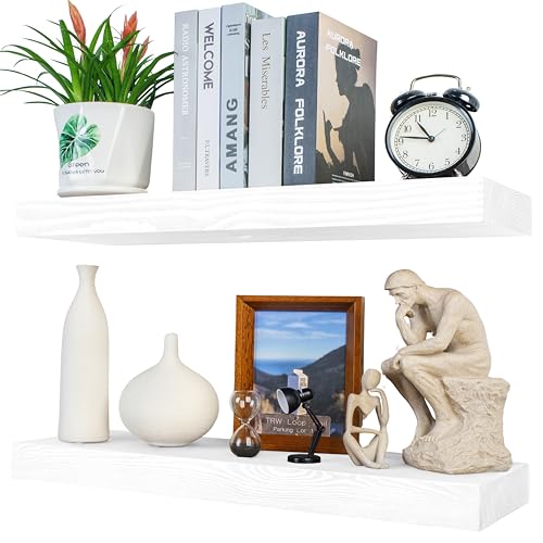 XWNE Rustikale schwebende Regale, 61 cm lang, 20,3 cm tief, 2 Stück, Massivholz-Wandregale für Schlafzimmer, Wohnzimmer, Küche, Bücherregal für Wand, Wandregal mit versteckter Halterung, Weiß von XWNE