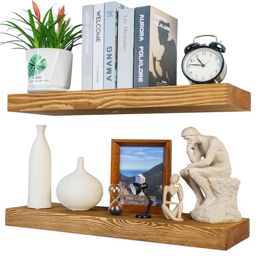 XWNE Rustikale schwebende Regale, 61 cm lang, 20,3 cm tief, 2 Stück, Massivholz-Wandregale für Schlafzimmer, Wohnzimmer, Küche, Bücherregal für Wand, Wandregal mit versteckter Halterung, goldene Eiche von XWNE