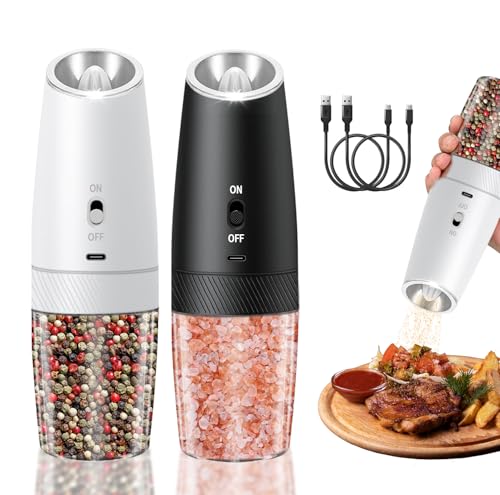 Elektrisches Salz- und Pfeffermühlen-Set, XWXO per USB wiederaufladbares Pfeffermühlen-Set mit LED-Licht, Einhandbedienung, automatisches Mahlen, verstellbare Grobheit Salzmühle von XWXO