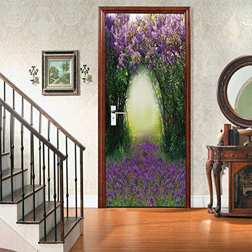 XWYDCF 3D Türtapete Selbstklebend Türaufkleber Waldgras Lila Blumen 90 * 210Cm Fototapete Türfolie Poster Abnehmbar Wandtapete Wohnzimmer PVC wasserdichte Tür Wandaufkleber von XWYDCF