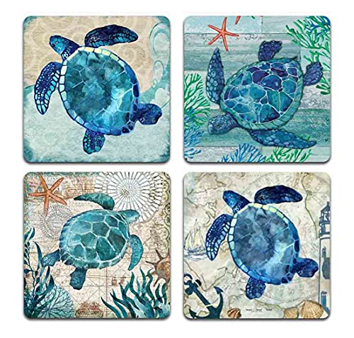 Handgezeichnetes Untersetzer-Set mit Meeresschildkröte, quadratisch, aus Polyestergewebe und recyceltem Gummi, 4 Stück von XWYSAW