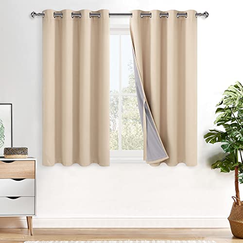 XWZO 100% Blickdicht Vorhänge, Doppellagige Dicker Verdunklungsvorhänge mit Ösen, Schallschutz Thermovorhänge 2er Set Schlafzimmer Gardinen, Blackout Curtain, 145x140 cm(HöhexBreite), Beige von XWZO