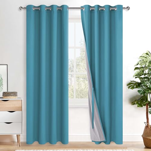 XWZO 100% Blickdicht Vorhänge, Doppellagige Dicker Verdunklungsvorhänge mit Ösen, Schallschutz Thermovorhänge 2er Set Schlafzimmer Gardinen, Blackout Curtain, 200x140 cm(HöhexBreite), Tealblau von XWZO