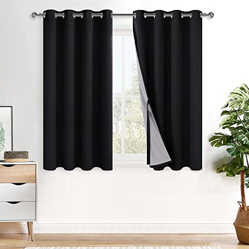 XWZO 100% Blickdicht Vorhänge, Doppellagige Dicker Verdunklungsvorhänge mit Ösen, Schallschutz Thermovorhänge 2er Set Schlafzimmer Gardinen, Blackout Curtain, 145x140 cm(HöhexBreite), Schwarz von XWZO