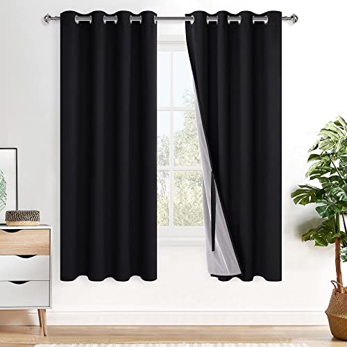 XWZO 100% Blickdicht Vorhänge, Doppellagige Dicker Verdunklungsvorhänge mit Ösen, Schallschutz Thermovorhänge 2er Set Schlafzimmer Gardinen, Blackout Curtain, 175x140 cm(HöhexBreite), Schwarz von XWZO