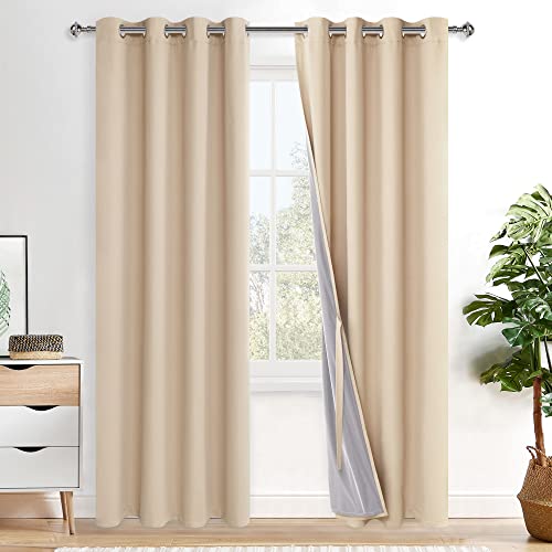 XWZO 100% Blickdicht Vorhänge, Doppellagige Dicker Verdunklungsvorhänge mit Ösen, Schallschutz Thermovorhänge 2er Set Schlafzimmer Gardinen, Blackout Curtain, 220x140 cm(HöhexBreite), Beige von XWZO