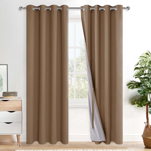 XWZO 100% Blickdicht Vorhänge, Doppellagige Dicker Verdunklungsvorhänge mit Ösen, Schallschutz Thermovorhänge 2er Set Schlafzimmer Gardinen, Blackout Curtain, 220x140 cm(HöhexBreite), Cappuccino von XWZO