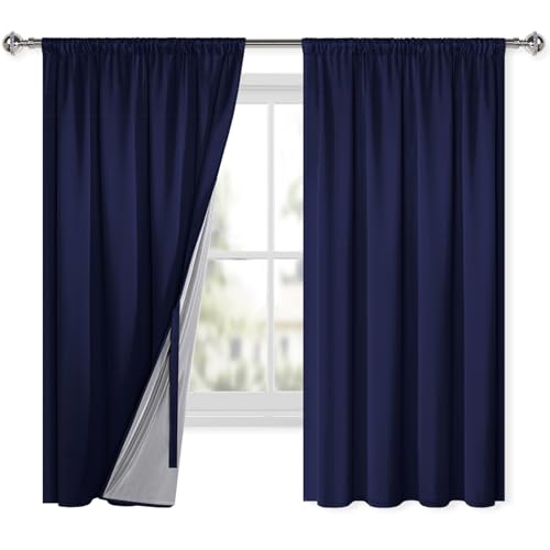 XWZO 100% Blickdichte Vorhänge Wohnzimmer, Vorhänge mit Kräuselband, Gardinen Schlafzimmer, Doppellagige Dicke Verdunklungsvorhänge Thermovorhang Kälteschutz, 175x140 cm(HxB) Dunkelblau 2er Set von XWZO