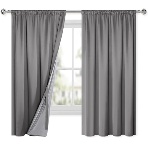 XWZO 100% Blickdichte Vorhänge,Vorhänge mit Kräuselband,Doppellagige Dicke Verdunklungsvorhänge Kälteschutz Vorhang Schlafzimmer Schalldämmung Gardinen,175x140 cm(HöhexBreite),Grau,2er Set von XWZO